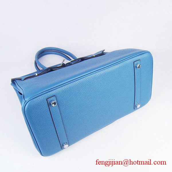 Hermes 35cm Embossed Veins Leather Bag Bule 6089 Silver Hardware Hermes 35cm Embossed Veins Leather Bag Bule 6089 Silver Hardware